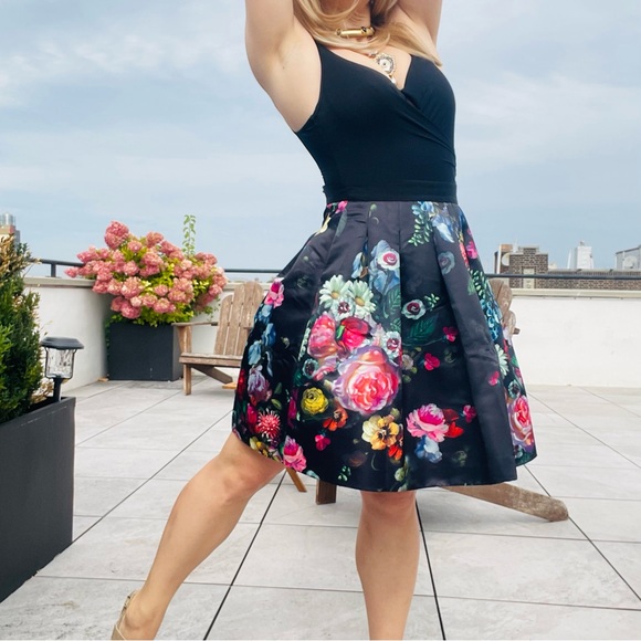 Ted Baker Black Floral Pattern Satin Tutu Tailored A-Line Skirt NWOT - Picture 13 of 16